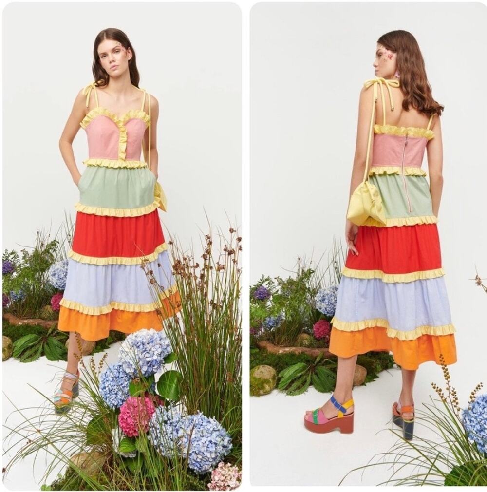 Celia B Siggi Colorblock Tiered Ruffle Detail Midi Dress Large NEW